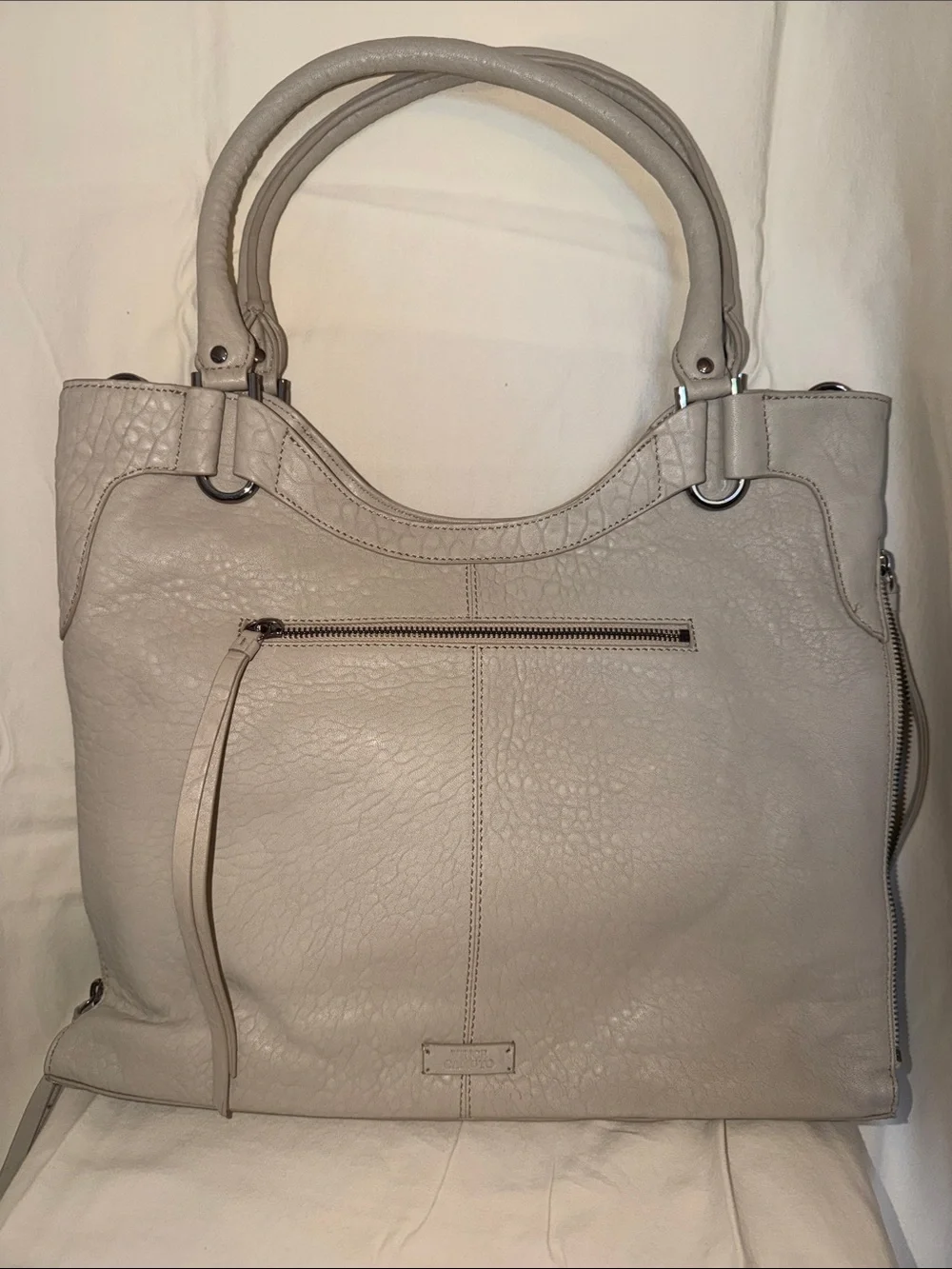 Vince Camuto Taupe Leather Tote with Front Zip Pocket
